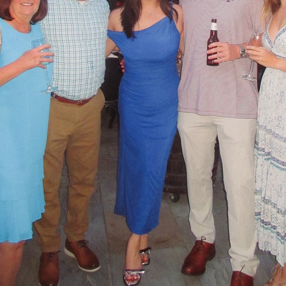 Cobalt Blue Asymmetrical Shoulder Midi Dress - Picture 2 of 4